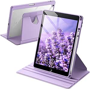 JETech Rotating Case for iPad 9/8/7 (10.2-Inch, 2021/2020/2019 Model, 9th/8th/7th Generation) with Pencil Holder, 360 Degree Rotation Protective Stand Cover Clear Back, Auto Wake/Sleep (Light Purple)