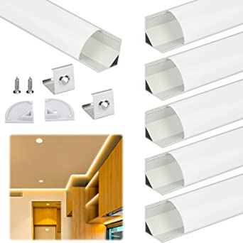 Muzata 6Pack 3.3FT/1M V-Shaped Aluminum LED Channel System with Milky White Frosted Cover Lens Silver Aluminum Profile Track for Light Strip V1SW 1M WW,LV1 LW1