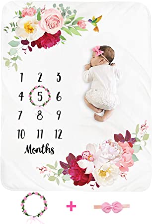 Baby Monthly Milestone Blanket Girl - Floral Newborn Month Blanket Personalized Shower Gift Soft Plush Fleece Photography Background Photo Prop Flower Blanket with Wreath Headband Large 51''x40''