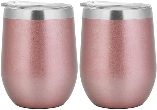 PURECUP Stainless Steel Insulated Wine Tumbler With Lid, 12 oz, Double Wall Vacuum Insulated Cup,For Champaign,Cocktail,Beer,Coffee,Drinks ,BPA Free(Rose Gold 2 Pack)