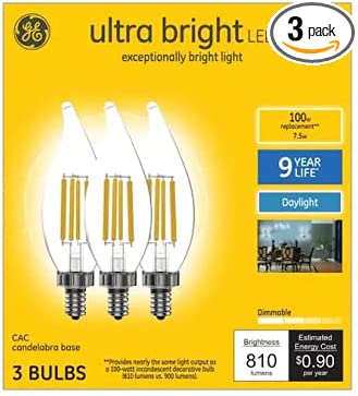 GE Ultra Bright LED 100 watt Equivalent CA12 Daylight Dimmable Decorative Candle Light Bulb (3 Pack)