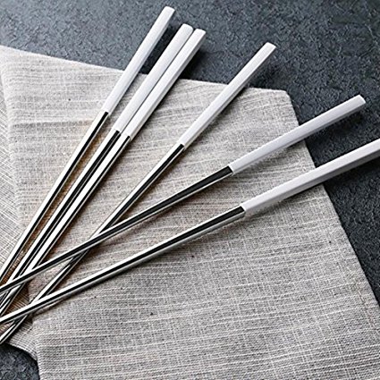 Autohome 5 Pairs Chopsticks Stainless Steel Tableware - White&Silver
