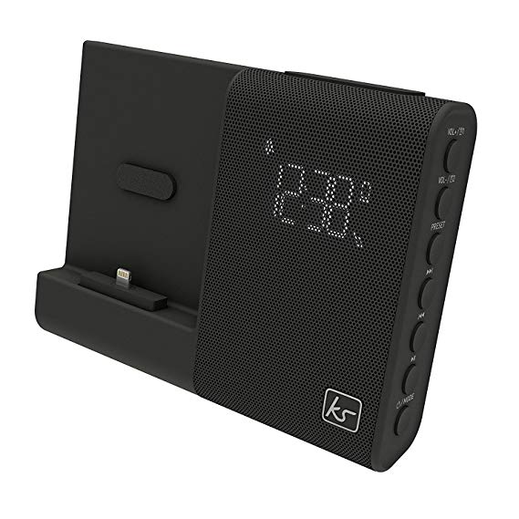 KitSound X-Dock 4 Dual Alarm Clock FM Radio Speaker Dock with Lightning Connector Compatible with iPhone 6/6s/6 Plus/7/7 Plus/8/8 Plus and iPhone X - Black