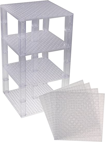Premium Clear Stackable Base Plates - 4 Pack 6" x 6" Baseplate Bundle with 30 Clear Bonus Building Bricks (LEGO Compatible) - Tower Construction