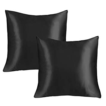 EXQ Home Satin Euro Pillow Covers Black 26x26 Pillow Cover Set (2 Pack) Silky Square Pillow Cases with Envelope Closure