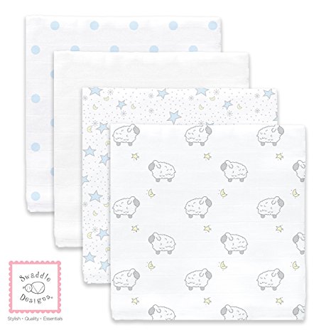 SwaddleDesigns Set of 4 Muslin Swaddle Blankets, Twinkle & Little Lamb - Pastel Blue