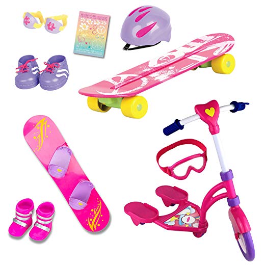 Beverly Hills Complete 18" Doll Sports Set, for Skating, Snow Boarding and Riding Fun! – Includes an Adorable Hot Pink Skateboard; 12 Piece Sports Set!