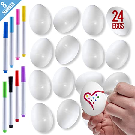 Prextex White Easter Eggs - Pack of 24 White Paintable Plastic Easter Eggs with 8 Color Markers for DIY Doodling and Design - Great for Easter Hunts, Basket Fillers, Easter Gift and Party Favor