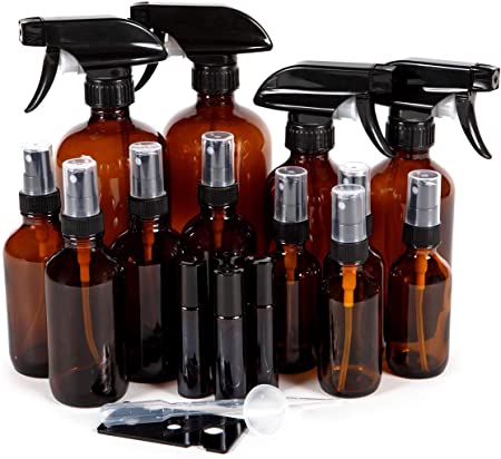 Vivaplex, Amber, Glass Bottle Set, 16oz (x2), 8oz (x2) with Trigger Sprayers. 4oz (x4), 2oz (x4) with Fine Mist Sprayers, 10 ml Stainless steel Roller Bottles (x4) - Plus Accessories