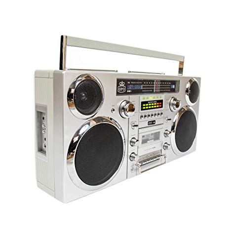 GPO Brooklyn Portable 1980s Retro-Style Music System Boombox with CD, Cassette (Playback and Recording), FM and DAB  Radio, USB (Playback and Recording) and Bluetooth Receiver - Silver