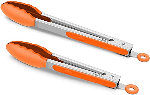 Premium Stainless Steel Food Tongs, 9-Inch & 12-Inch Orange Silicone BPA Free Non-Stick BBQ Cooking Grilling Locking Kitchen Tong