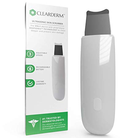CLEARDERM Ultrasonic Skin Scrubber - Patented Facial Skin Scrubber Technology to Cleanse Deeper - Ultrasonic Skin Spatula Recommended by Dermatologists - 3-In-1 Face Scraper and Blackhead Scraper