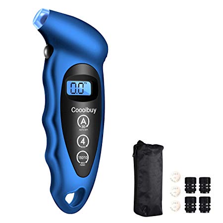 Cooolbuy Digital Tire Pressure Gauge 150 PSI 4 Settings with Backlight LCD and Non-Slip Grip-Button Cells,Tire Valve Caps,Carry Bag Included (Blue-1 Pack)