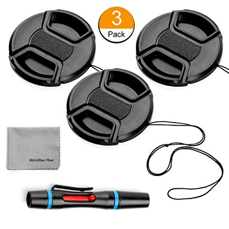 77mm Lens Cap Bundle, 3 Pack Universal Snap on Front Centre Pinch Lens Cover Set with Microfiber Lens Cleaning Cloth for Canon Nikon Sony Olympus DSLR Camera   Camera Lens Cleaning Pen