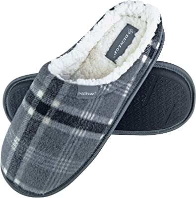 Dunlop - Mens Warm Plush Fleece Lined Slip On Mule Checked Plaid House Slippers