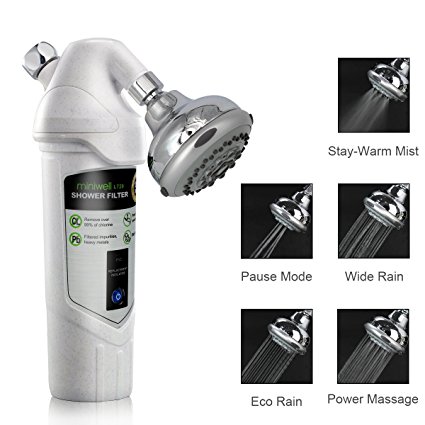 Universal Shower Filter miniwell L720-H, carbon filter with adjustable shower head and lifetime indicator, remove 99% chlorine and water impurifies