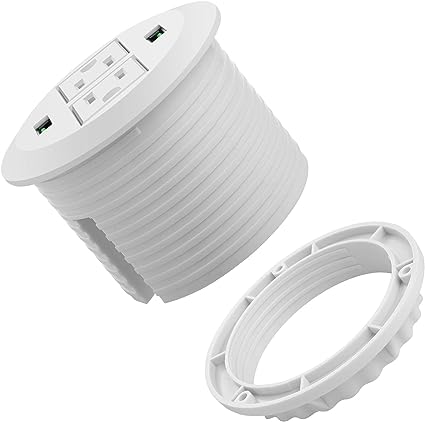 3 inch Desk Power Grommet, White USB Grommet with Green Port, Desk Hole Round Grommet Outlets with 2 AC Outlets and 2 USB Ports 6.5FT Heavy Duty Power Cord