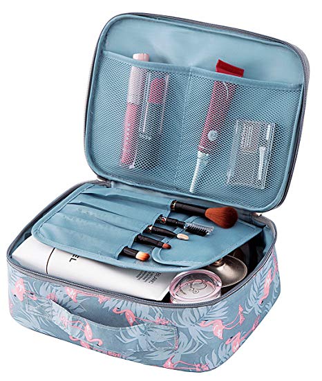 Travel Makeup Cosmetic Case,Portable Brushes Case Toiletry Bag Travel Kit Organizer Cosmetic Bag, A-Grey Flmingo