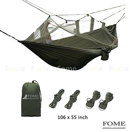 Camping Hammock, FOME SPORTS|OUTDOORS NEW VERSION Large Size Portable Parachute Fabric Hammock Hanging Bed With Unremoveable Mosquito Net 106 x 55 inch 440lbs Capacity for Backpacking Travel Yard