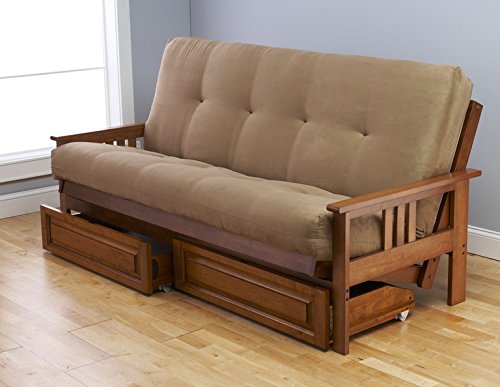 Eldorado Futon Brown Finish Frame w/ Coil 8 Inch Mattress Full Size Sofa Bed (Peat w/ Drawer set)