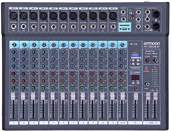 ammoon 12-Channel Mixing Console Mixer Built-in 16 DSP Effects  48V Phantom Power Supports with Power Adapter for Studio Recording Network Live Broadcast DJ Karaoke