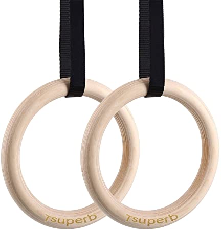 Tsuperb Wooden Gymnastics Rings with 15ft Adjustable Straps, Gym Wood Exercise Gymnast Rings Non-Slip Perfect for Cross Strength Training Workouts Fitness