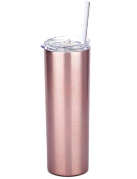 SUNWILL Straw Tumbler Skinny Travel Tumbler with Lid, Vacuum Insulated Double Wall Stainless Steel 20oz for Coffee, Tea, Beverages, Rose Gold