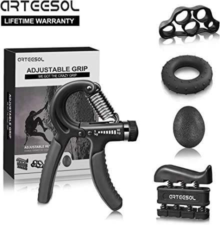 arteesol Hand Grip Strengthener Forearm Trainer Kit 5Pack,Adjustable Hand Gripper(11-132lbs)&Resisitance Finger Exerciser&Grip Ring&Finger Stretcher&Hand Therapy Ball for Athletes