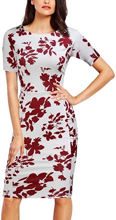 FORTRIC Women Printing Church Business Office Work Elegant Bodycon Pencil Dress