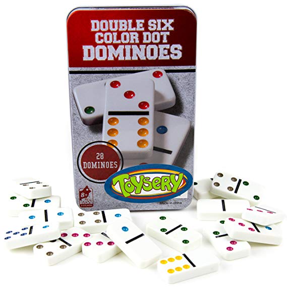 Toysery Double 6 Color Dot Dominoes Game Set - White Dominoes 28 Piece Set Toy in Tin Case - Six Dot Dominoes Match & Educational Game