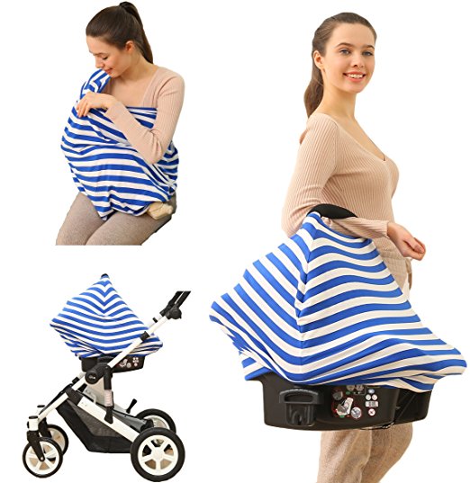 Baby Car Seat Cover canopy nursing and breastfeeding cover(blue and white stripe)