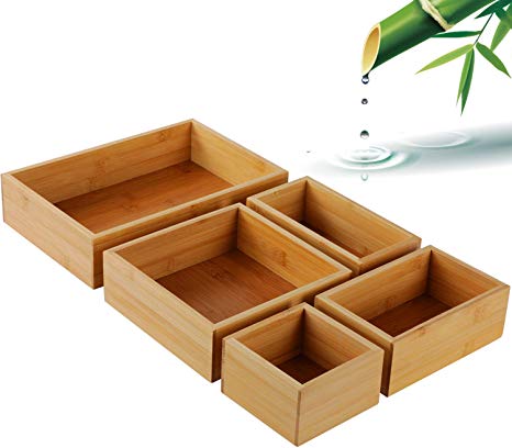 5-Piece Bamboo Drawer Organizer Set, Multi-use Storage Box Set, Varied Sizes Junk Drawer Organizer for Office, Home, Kitchen, Bedroom, Bathroom by Pipishell