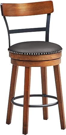 COSTWAY Bar Stools, 360-Degree Swivel Stools with Leather Padded Seat, Single Slat Ladder Back & Solid Rubber Wood Legs, Counter Height Stools for Pub, Restaurant, Kitchen, Brown (1, 25.5)