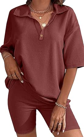 Ekouaer Pajamas 2 Piece Lounge Sets Waffle Knit Matching Outfits Oversized Shirt Loungewear Sweatsuits Summer Tracksuit