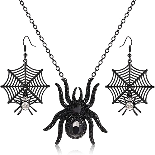 MOLOCH Halloween Spider Jewelry Set Crystal Tarantula Pendant Necklaces Spider Web Dangle Earrings Set Halloween Party Costume Jewelry for Women