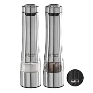 Russell Hobbs 23460-56 Battery Powered Salt and Pepper Grinders, Stainless Steel Silver | Fully adjustable for fine or coarse grinding | 2 YEAR GUARANTEE