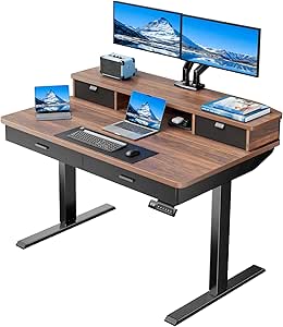 HUANUO 48 x 30 inch Electric Standing Desk with 4 Drawers, Adjustable Height Sit Stand Home Office Desk with Two Tiers, Ergonomic Adjustable Stand up Desk with Monitor Stand, Walnut