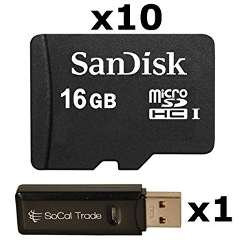 10 PACK - SanDisk 16GB MicroSD HC Memory Card SDSDQAB-016G (Bulk Packaging) LOT OF 10 with SoCal Trade USB 2.0 MicoSD & SD Memory Card Reader