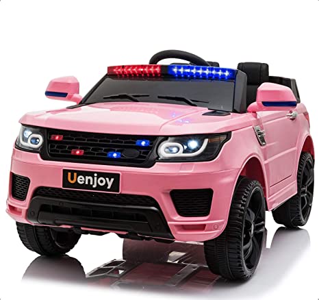 Uenjoy 12V Kids Police Ride On Car SUV Battery Operated Electric Cars w/ 2.4G Remote Control, LED Siren Flashing Light, Music& Horn Intercom, Bumper Guard, Openable Doors, AUX, USB Port, Pink