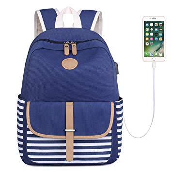 S-ZONE French Breton Nautical Striped Backpack Rucksack Marine Sailor Navy Stripy School Bags for Teenager Girls (Blue-USB Version)