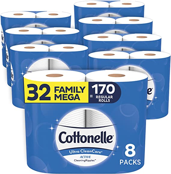 Cottonelle Ultra CleanCare Soft Toilet Paper with Active Cleaning Ripples, 32 Family Mega Rolls, Strong Bath Tissue (32 Family Mega Rolls = 170 Regular Rolls)