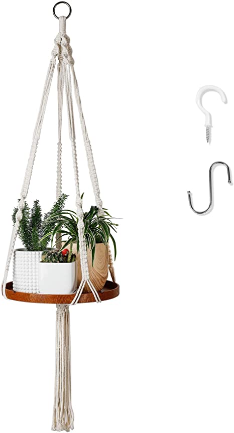 POTEY 609102 Macrame Plant Hangers - Hanging Plant Shelf for Boho Home Decor, Plant Hanger Shelf with 2 Hooks, Flower Pot Holder Suitable for Small Plants 50'' with Tassel, Brown