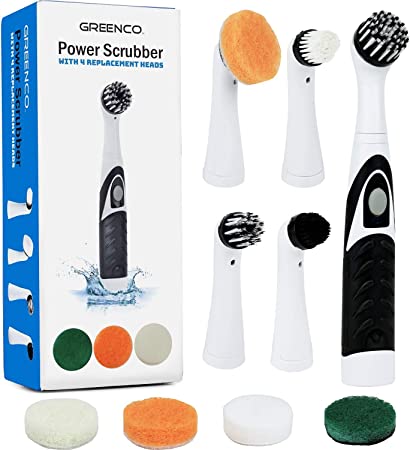 Greenco Electric Power Scrubber with 4 Replaceable Brush Attachment Heads, White