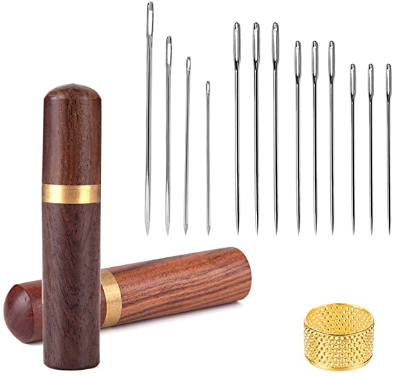 2 Pcs Wooden Needle Cases with 4 Pcs Leather Stitching Needles and 9 Pcs Big Eye Sewing Needles A Thimble, Storage for Storing Fine Needles Hand Crafts Knitting for Sewing Beginners