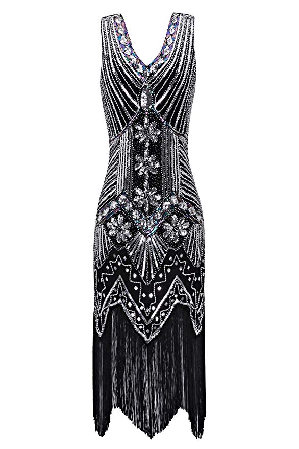 Metme Women's Flapper Dress 1920s V Neck Beaded Fringed Gatsby Theme Raoring 20s Dress for Prom