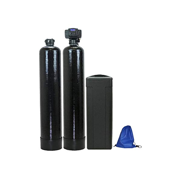 ABCwaters Built Fleck 5600sxt 48,000 Black SPACE SAVER Water Softener [Upgraded 10% Resin] with Upflow Carbon Filtration