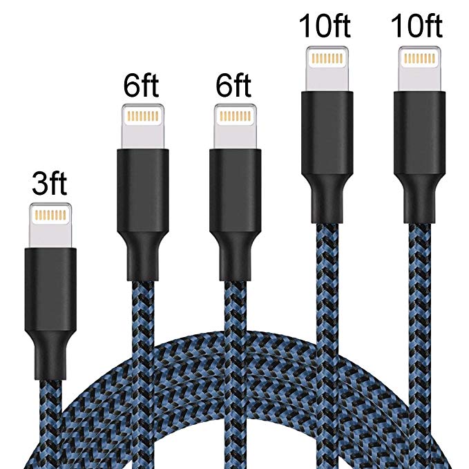 ONSON Phone Cable 5Pack 3FT 2×6FT 2×10FT Nylon Braided Charger Cable USB Cord Charging Charger Compatible iPhone 8, X, 7, 7 Plus, 6, 6s, 6 , 5, 5c, 5s, SE, iPad, iPod Nano-Blue