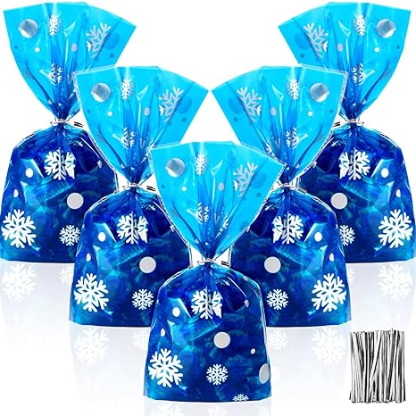 Outus 50 Pieces Christmas Favor Bags Snowflake Pattern Treat Bags Flat Cellophane Plastic Party Bags for Bakery, Popcorn, Cookies, Candies and Dessert with 100 Pieces Twist Ties (Blue with Silver)