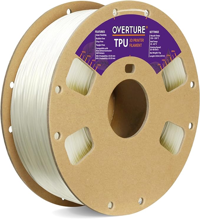 OVERTURE TPU Filament 1.75mm Flexible TPU Roll, 95A Soft 3D Printer Filament, 1kg Spool (2.2 lbs), Dimensional Accuracy  /- 0.03 mm (Transparent)