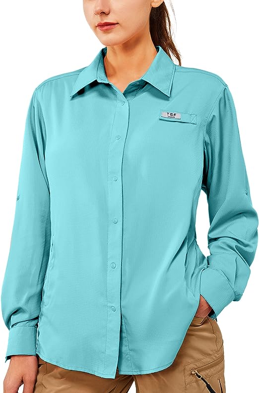 TGF Women's Sun Protection Fishing Shirts Long Sleeve Button Up Shirt with Zipper Pockets for Traveling Hiking Camping